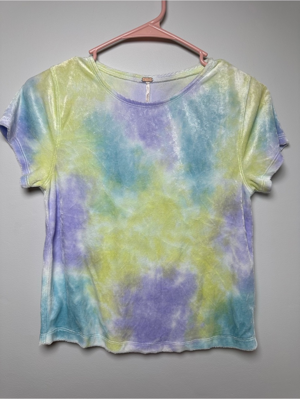 Free People Womens S Tie Dye Velvet Top Pastel Blue Purple Short Sleeve Boho